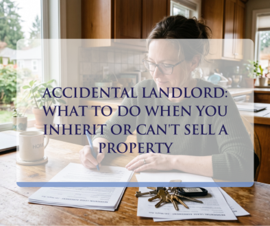 Accidental landlord reviewing rental paperwork before deciding to rent or sell an inherited house